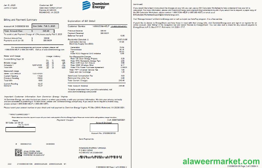USA Dominion Energy utility bill template in Word and PDF formats, 3 pages, 1-2 pages